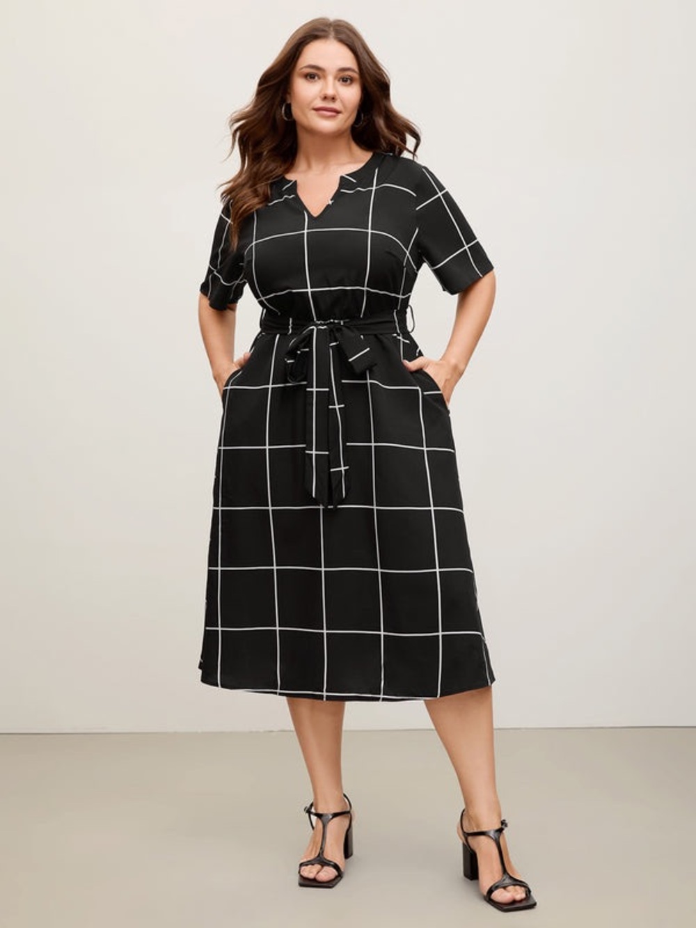 BloomChic Black Windowpane Tie-Waist Midi Dress